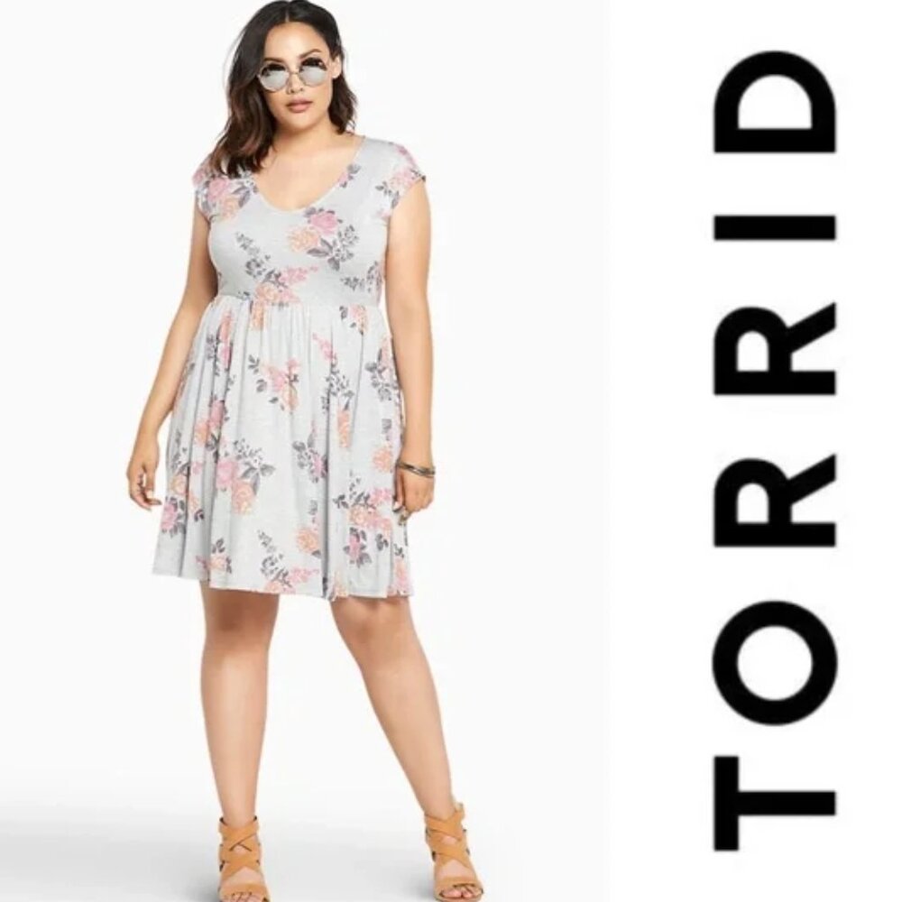 Torrid Gray & Pink Floral Print Casual Sleeveless Jersey Skater Dress